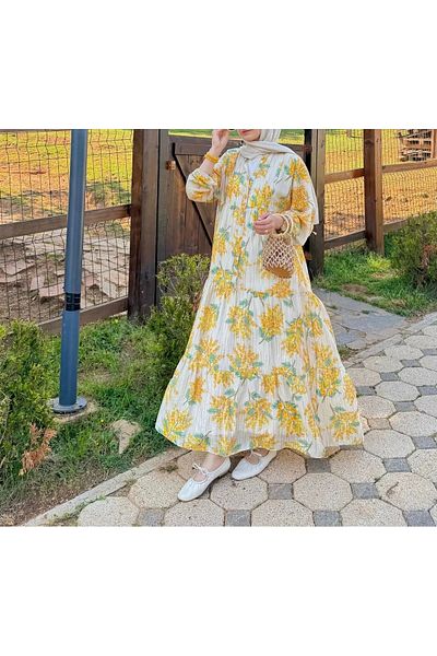 DEFNECE BUTİK Floral Dress with Ruffles - Yellow 2