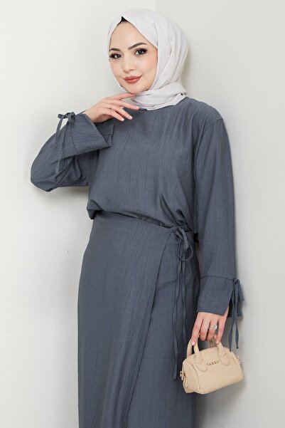 hafsamina Lace Detailed Skirt Suit Smoked Hm2724