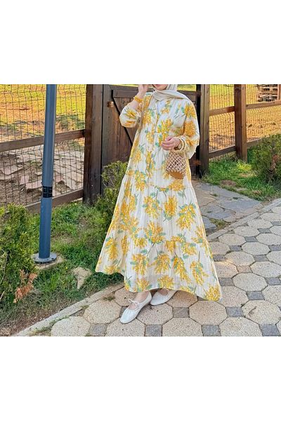 DEFNECE BUTİK Floral Dress with Ruffles - Yellow 2