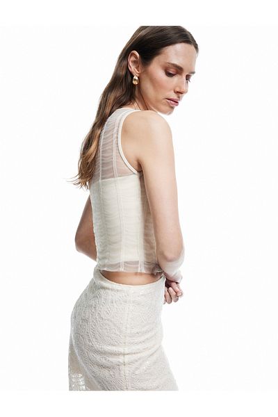 Koton X Melis Ağazat - Sleeveless Crew Neck Corset Detailed Transparent Look Blouse