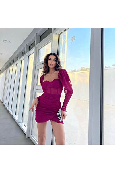 WellWay - Glitter Tulle Fabric Lined Chest Gloplu Zippered Black Mini Dress An617 - Pink