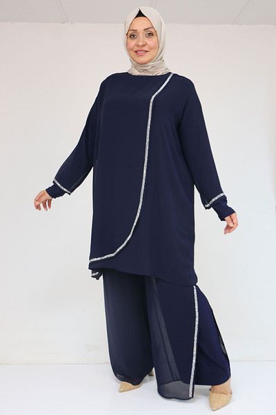 Eslina 47064 Plus Size Stone Print Detail Sandy Chiffon Pants Suit - Navy Blue