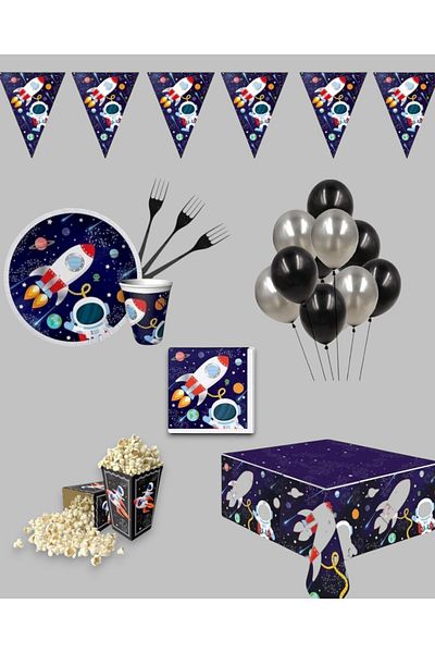 Evabrite Space Party Set with Astronaut and Rocket Concept - Ornaments for Birthday 24 People