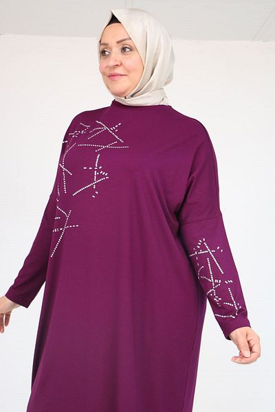 Eslina 58080 Large Size Low Sleeve Stone Detailed Combed Cotton Tunic - Plum