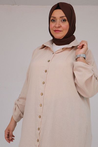 Eslina 48058 Large Size Buttoned Muslin Shirt - Beige