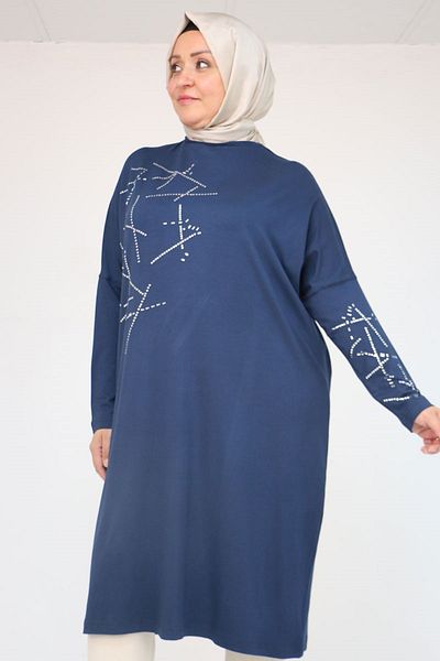 Eslina 58080 Large Size Low Sleeve Stone Detailed Combed Cotton Tunic - Navy Blue
