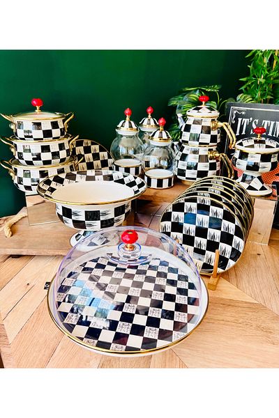 CASA DE BELLA Enamel Checkerboard Patterned 17 Piece Tea Cake Pot Teapot Kitchen Set