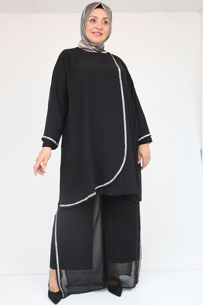 Eslina 47064 Plus Size Sandy Chiffon Pants Suit with Stone Print Detail - Black