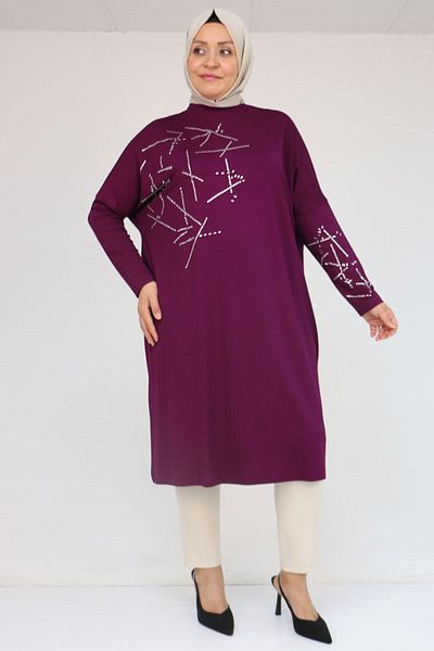Eslina 58080 Large Size Low Sleeve Stone Detailed Combed Cotton Tunic - Plum