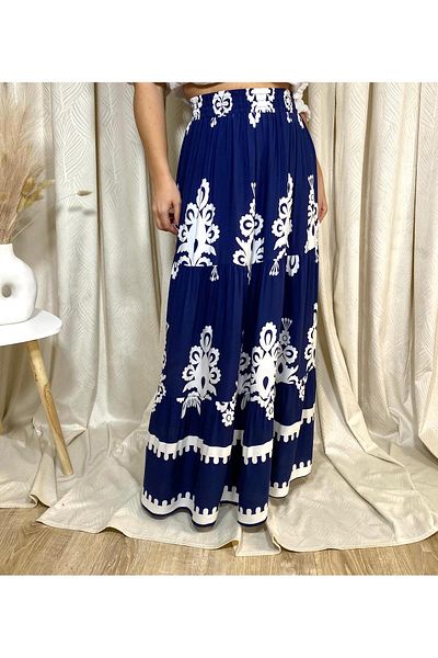 Intisimo Long, Flowy Skirt, Navy/White