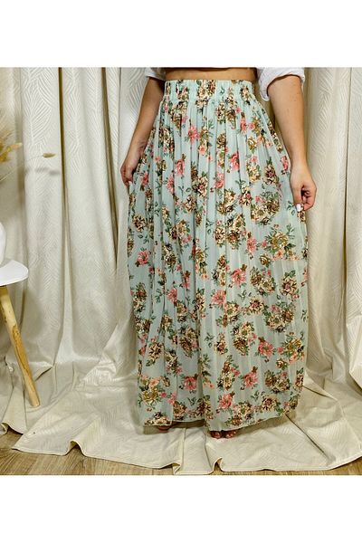 Intisimo Pleated Skirt, Flowy, Floral Print, Green/Pink