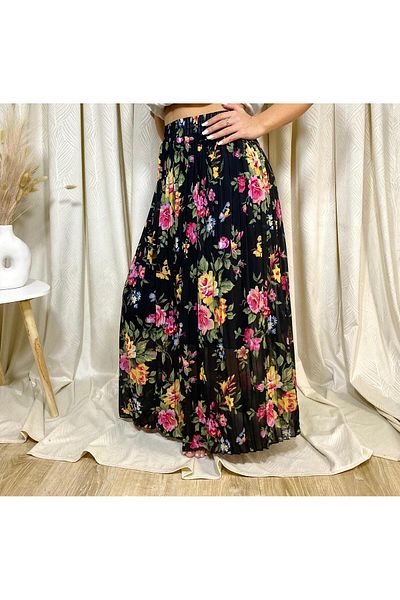 Intisimo Pleated Skirt, Flowy, Floral Print, Black/Pink