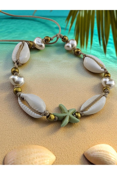 Amabel Jewelerys سوار نسائي برباط بتصميم نجم البحر الأخضر وقوقعة المحار واللؤلؤ