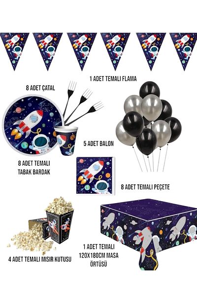 Evabrite Space Party Set with Astronaut and Rocket Concept - Ornaments for Birthday 8 People
