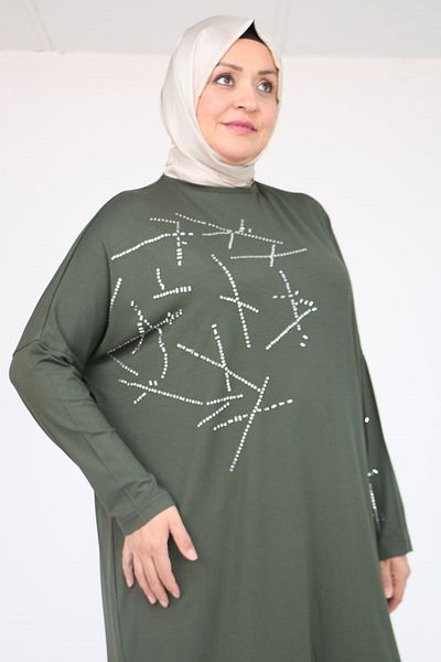 Eslina 58080 Large Size Low Sleeve Stone Detailed Combed Cotton Tunic - Khaki