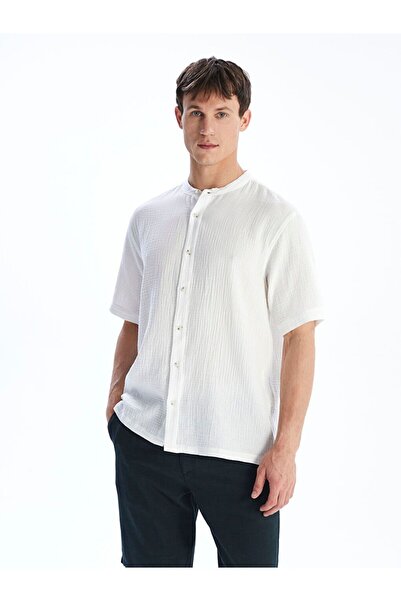 LC Waikiki Lcw Vision White Regular Fit Hakim Collar Short Sleeve Muslin Men'...