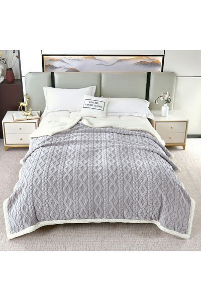 FIONNA.RO Cocolino Knitted Print Blanket With Fur - Grey