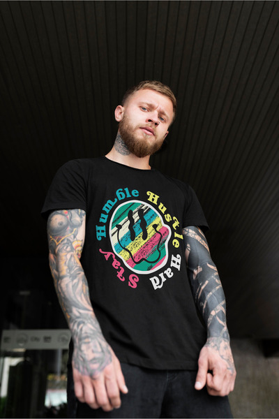 Unisex Baskılı Pamuklu Bisiklet Yaka Kısa Kollu SİYAH T-shirt