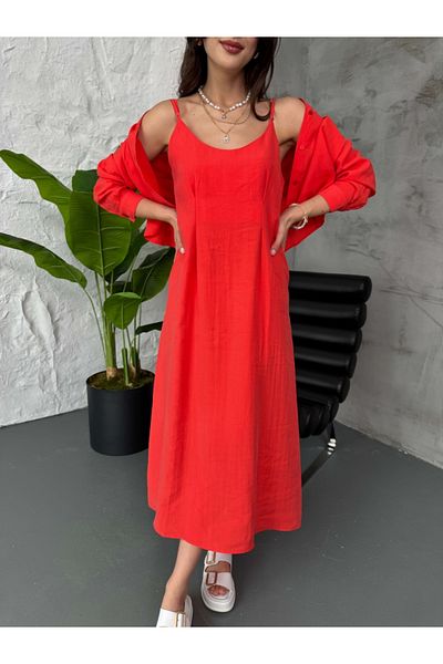 Elif Özbey Butik Pomegranate Flower Rope Strap Dress Shirt Set