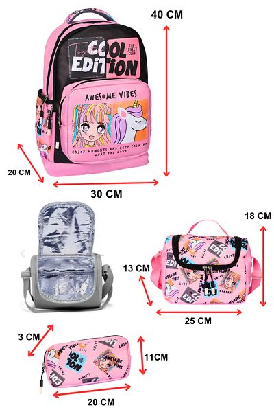 Little Jom 3-Piece Primary School Girl Bag Set, School Bag + Lunch + Pen Holder