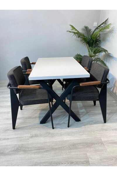 trendloom Cafe Restoran Masa Sandalye Takımı 120x70 Mdf Masa 4 Adet Keten Kum...
