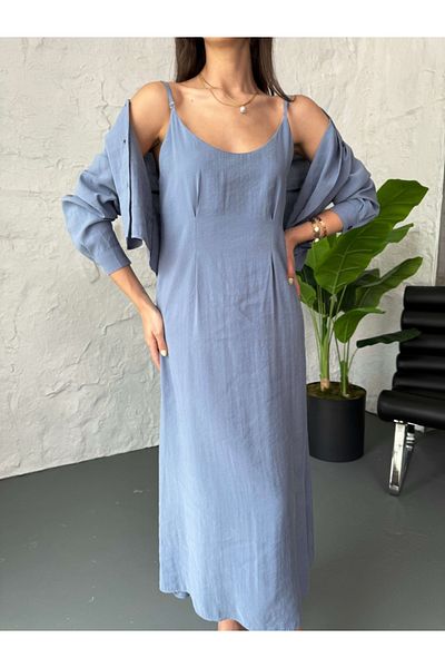 Elif Özbey Butik Σετ πουκάμισο φόρεμα με γκρι μπλε κορδόνι