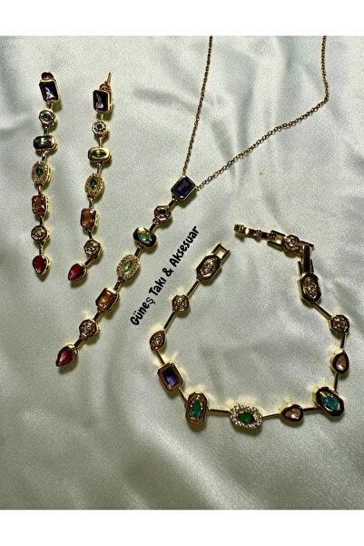 GUNESTAKI Gold Y Kolye Bileklik Küpe Seti 7 Element Tamtur Çelik Set