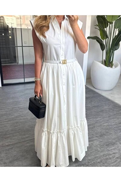 Hotfashion Beyaz %100 Pamuk Kemerli Uzun Gömlek Elbise