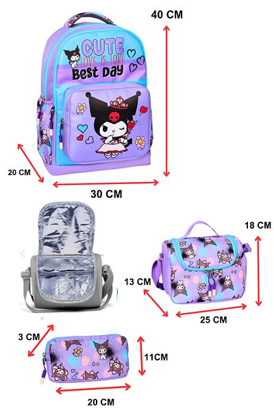 Little Jom 3-Piece Primary School Girl Bag Set, School Bag + Lunch + Pen Holder
