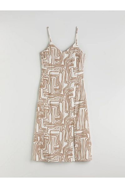 LC Waikiki Lcwaikiki Classic Ecru V-Neck Patterned A-Line Dress