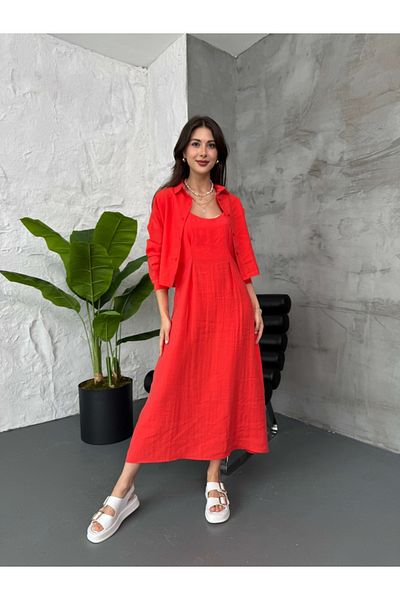 Elif Özbey Butik Pomegranate Flower Rope Strap Dress Shirt Set
