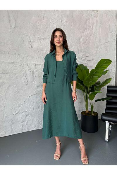 Elif Özbey Butik Set cămașă rochie cu curea din frânghie de smarald