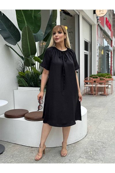 MODA Women's Plus Size Lace-Up Elastic Collar Sofia Linen Dress