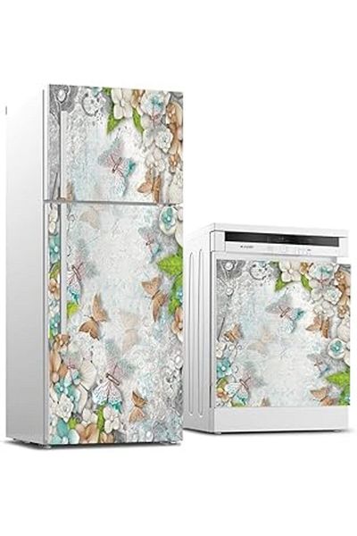 Mu Art Ahşap Refrigerator and Dishwasher White Goods Sticker Covering 3D Flower Butterfly