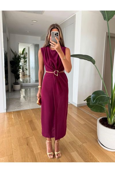 Afiş Butik Burgundy Window Detailed Slit Dress