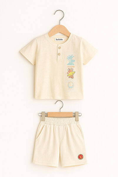 BABİDO Boy's Summer Suit 3/6 Years. Button Printed T-Shirt and Comfortable Shorts
