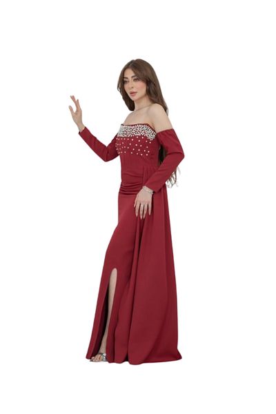 Nice Model Burgundy Off Shoulder Evening Gown Crystal Embellished Formal Dress Long Sleeve Party Wear Women