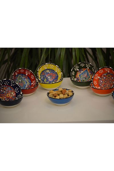 arı çini seramik Set of 12 Handmade Tile Patterned Ceramic Bowls – 8 Cm, Gift, Sauce Bowl, Breakfast Bowl, Turkish Delight Bowl