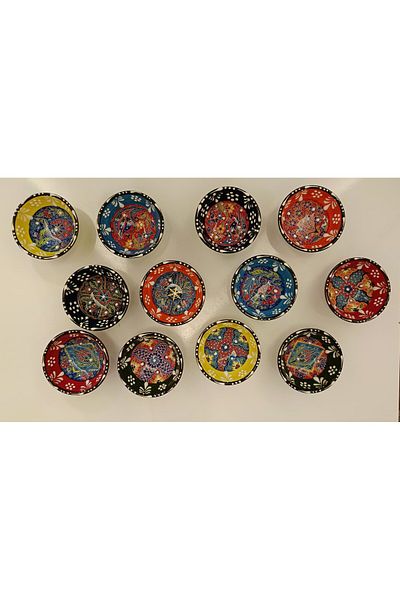 arı çini seramik Set of 12 Handmade Tile Patterned Ceramic Bowls – 8 Cm, Gift, Sauce Bowl, Breakfast Bowl, Turkish Delight Bowl
