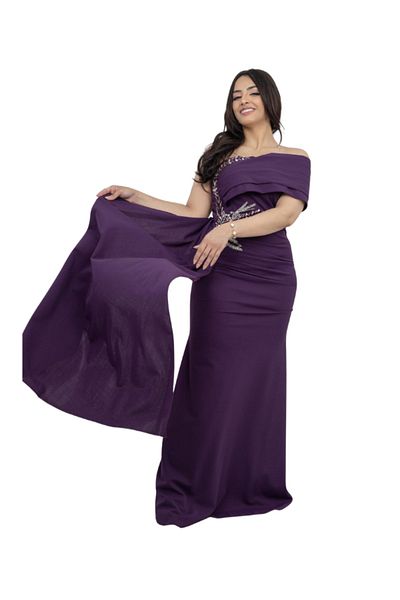 Nice Model Purple Off-Shoulder Crystal Embroidered Evening Dress Mermaid Formal Gown Plus Size Cocktail Wrap