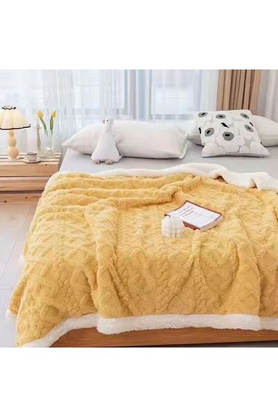 FIONNA.RO Cocolino Printed Knitted Blanket With Fur - Yellow