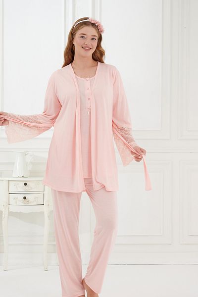 Emose 3-Piece Maternity Pajama Set with Lace and Morning Dress