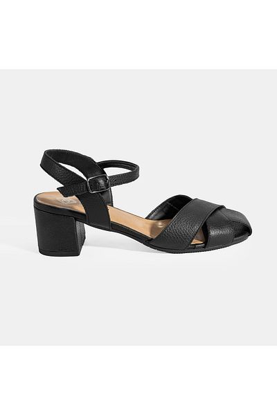 Desa Women's Black Adjustable Buckle Leather Heeled Sandals