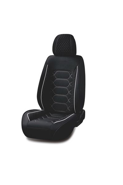 DELUXETUNING Set huse scaune auto universale, material textil negru cu dunga alba, fata-spate