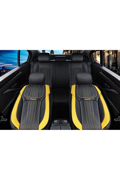 DELUXETUNING Set huse scaune auto piele ecologica negru cu galben, universale, fata-spate