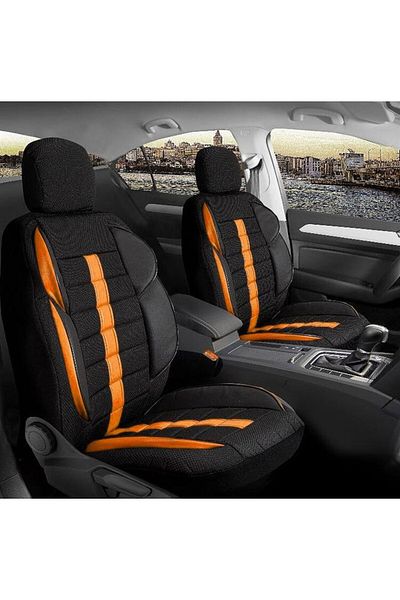 DELUXETUNING Set huse scaune auto, universale, fata-spate, negru cu dunga maro, textil si piele ecologica