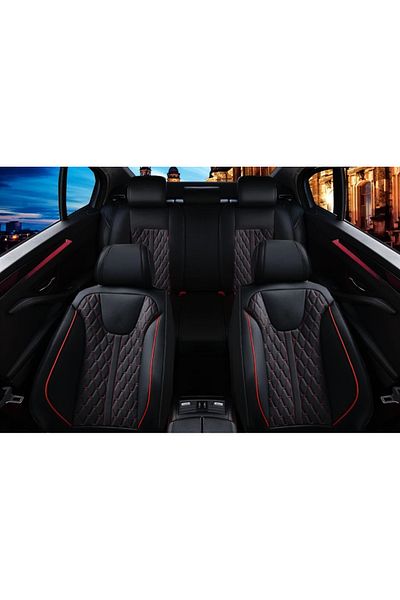 DELUXETUNING Set huse scaune auto universale, piele ecologica negra cu cusatura rosie, fata-spate