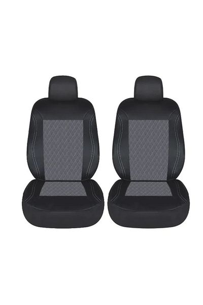 DELUXETUNING Set 1+1 Huse Scaune Auto Pentru Scaune Fata Universale , Negru cu Gri , Material Textil