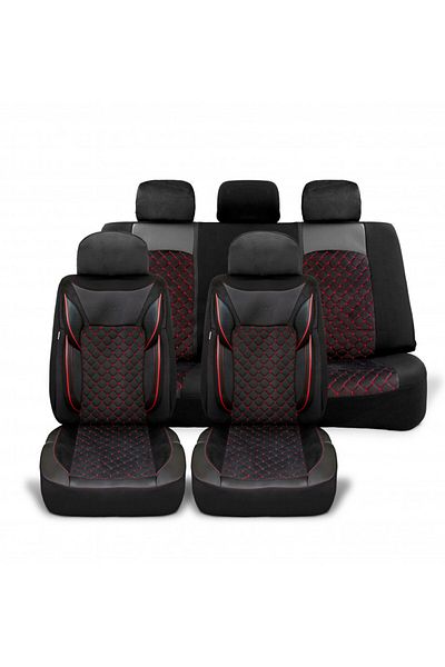 DELUXETUNING Set huse scaune auto universale, piele ecologica neagra cu material textil negru, fata-spate