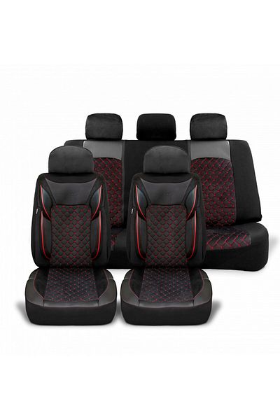 DELUXETUNING Set huse scaune auto universale, piele ecologica neagra cu material textil negru, fata-spate